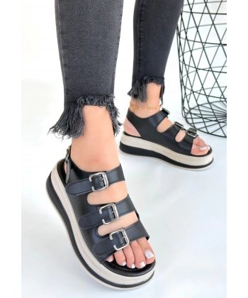 BİÇOMİ Jatay Siyah Cilt Sandalet