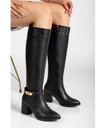 BİÇOMİ Jeoli Siyah Cilt Topuklu Çizme