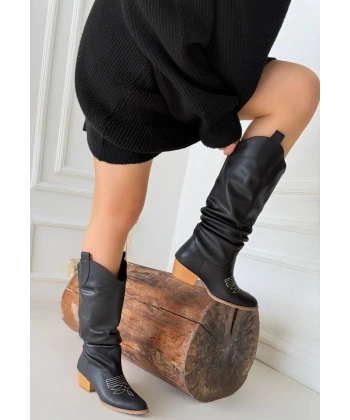 BİÇOMİ Jeoni Siyah Cilt Topuklu Çizme