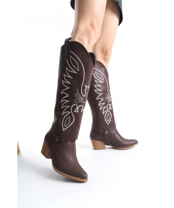 BİÇOMİ Jilla Kahverengi Cilt Tak Çıkar Topuklu Bot Ve Çizme