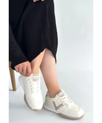 BİÇOMİ Jowen Bej Cilt Vizon Detaylı Bağcıklı Spor Ayakkabı