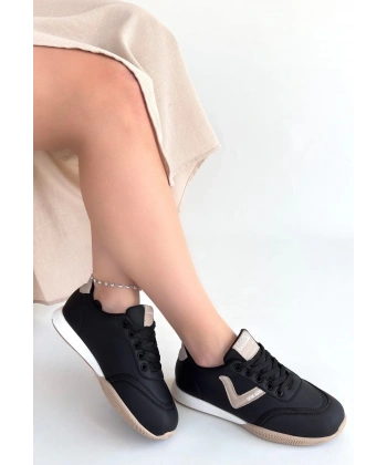 BİÇOMİ Jowen Siyah Cilt Bej Detaylı Bağcıklı Spor Ayakkabı