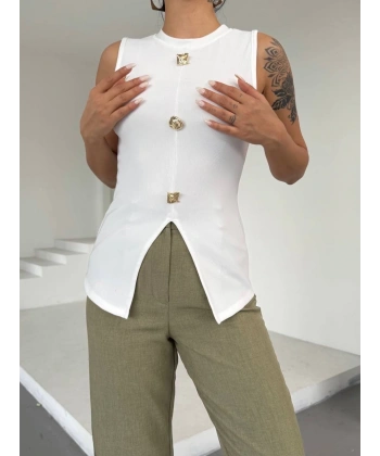 BİÇOMİ Kadın beyaz bisiklet yaka gold düğmeli ottoman bluz s2310