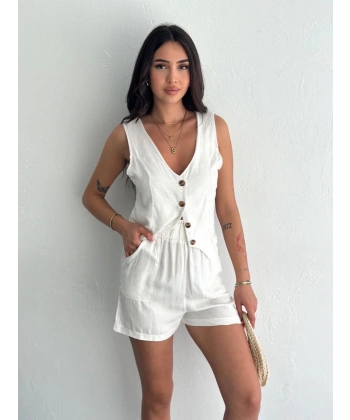BİÇOMİ Kadın keten şort yelek takım s3461