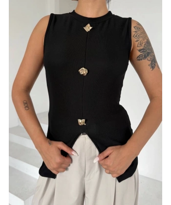 BİÇOMİ Kadın siyah bisiklet yaka gold düğmeli ottoman bluz s2310