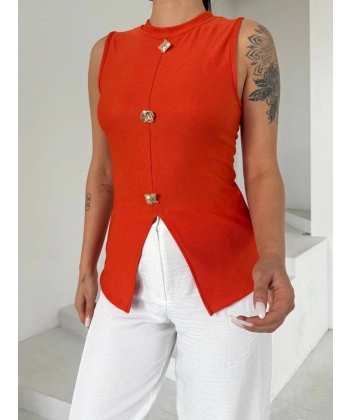 BİÇOMİ Kadın turuncu bisiklet yaka gold düğmeli ottoman bluz s2310