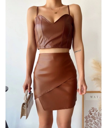 BİÇOMİ Kapaklı asimetrik model deri etek kahve s240106