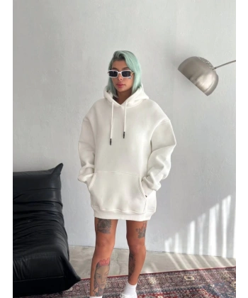 Biçomi Kapşonlu Üç İplik Penye Basic SweatShirt - Beyaz
