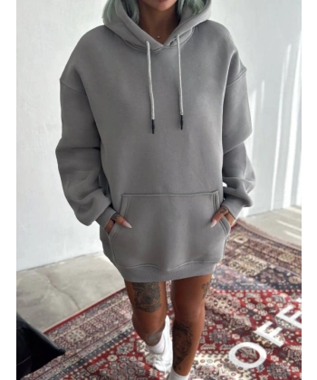 Biçomi Kapşonlu Üç İplik Penye Basic SweatShirt - Boyalı Gri
