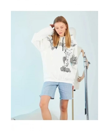 Biçomi Kapüşonlu Strong Heykel Baskılı Sweatshirt - Beyaz