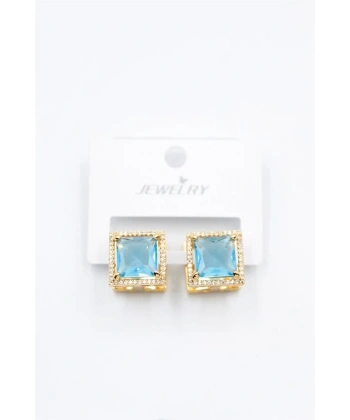 biçomi Kare Taşlı Küpe - Turkuaz