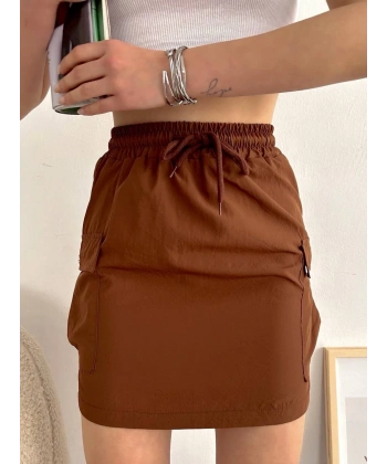 BİÇOMİ Kargo cep ince paraşüt etek kahve s241019