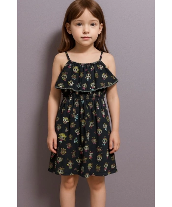 BİÇOMİ Karikatür baskılı askılı kız çocuk elbisesi lacivert