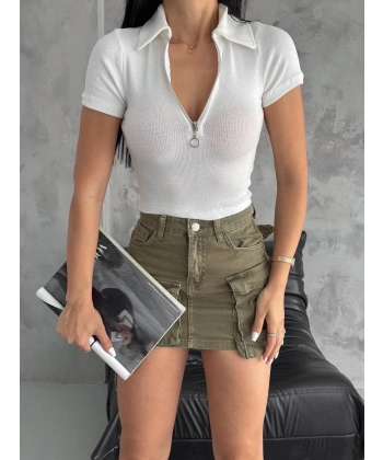 BİÇOMİ kaşkorse yaka fermuarlı bluz beyaz