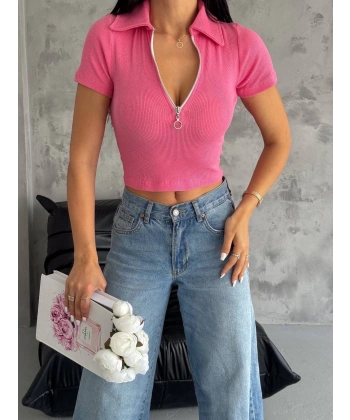 BİÇOMİ kaşkorse yaka fermuarlı bluz fuşya