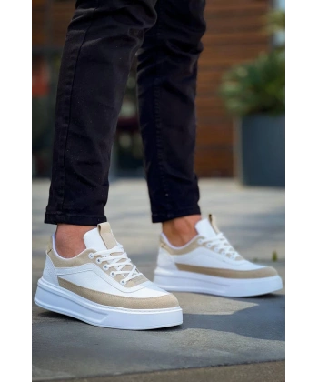 BİÇOMİ KB-006 Kuback Beyaz Cilt Bej Süet  Yüksek Taban Bağcıklı Günlük Erkek Ayakkabı