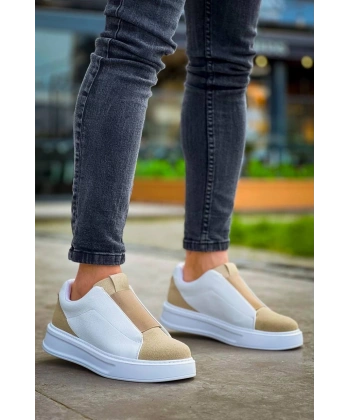 BİÇOMİ KB-007  Kuback  Beyaz Bej Yüksek Taban Tek Bant Bağcıksız Günlük Erkek Ayakkabı