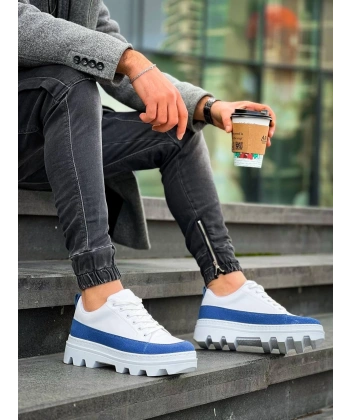 BİÇOMİ KB-056 Kuback Beyaz Mavi Detaylı Beyaz Yüksek Taban Günlük Spor Ayakkabı