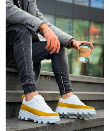 BİÇOMİ KB-056 Kuback Beyaz Sarı Detaylı Beyaz Yüksek Taban Günlük Spor Ayakkabı