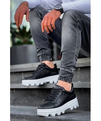 BİÇOMİ KB-056 Kuback Siyah Cilt Beyaz Yüksek Taban Günlük Spor Ayakkabı