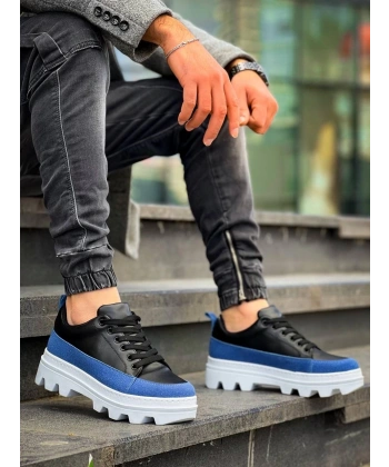 BİÇOMİ KB-056 Kuback Siyah Mavi Detaylı Beyaz Yüksek Taban Günlük Spor Ayakkabı