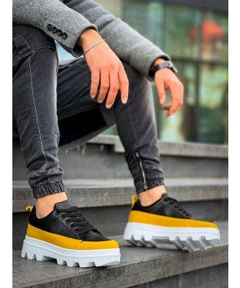 BİÇOMİ KB-056 Kuback Siyah Sarı Detaylı Beyaz Yüksek Taban Günlük Spor Ayakkabı