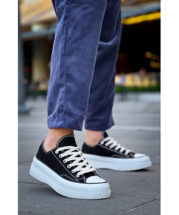 BİÇOMİ KB-CX-3 Kuback Kısa Siyah Keten Beyaz Yüksek Taban Spor Ayakkabı