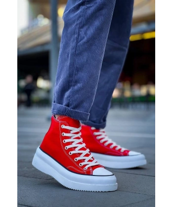 BİÇOMİ KB-CX-3 Kuback Uzun Kırmızı Keten Beyaz Yüksek Taban Spor Ayakkabı