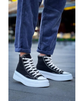 BİÇOMİ KB-CX-3 Kuback Uzun Siyah Keten Beyaz Yüksek Taban Spor Ayakkabı