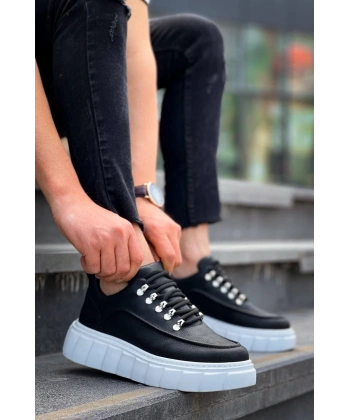 BİÇOMİ KB-X10 Kuback Siyah Cilt  Beyaz Yüksek Taban Günlük Spor Ayakkabı