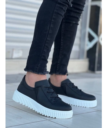 BİÇOMİ KB-X502  Kuback Siyah Cilt Yüksek Beyaz Taban Bağcık Detaylı Lastikli Günlük Erkek Ayakkabı