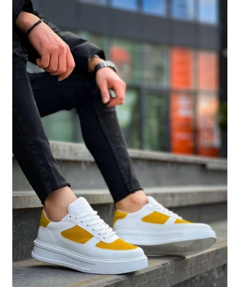 BİÇOMİ KB-X8 Kuback Beyaz Cilt Sarı Süet Detaylı Beyaz Yüksek Taban Günlük Spor Ayakkabı