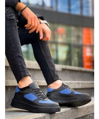BİÇOMİ KB-X8 Kuback Siyah Cilt Mavi Süet Detaylı Siyah Yüksek Taban Günlük Spor Ayakkabı