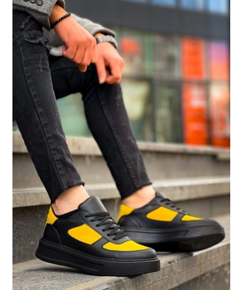BİÇOMİ KB-X8 Kuback Siyah Sarı Cilt Yüksek Taban Günlük Spor Ayakkabı
