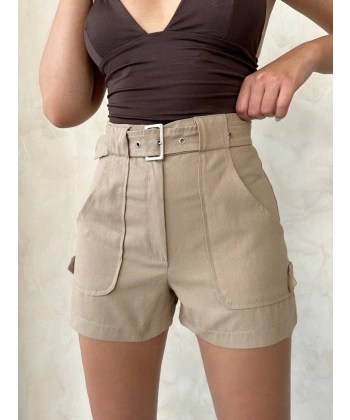 BİÇOMİ Kemer detaylı gabardin şort bej s25289