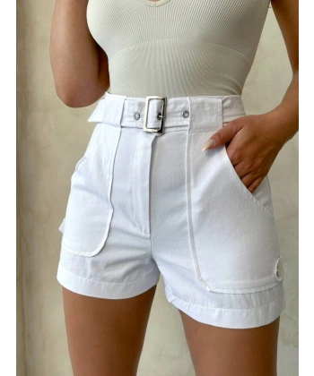 BİÇOMİ Kemer detaylı gabardin şort beyaz s25289