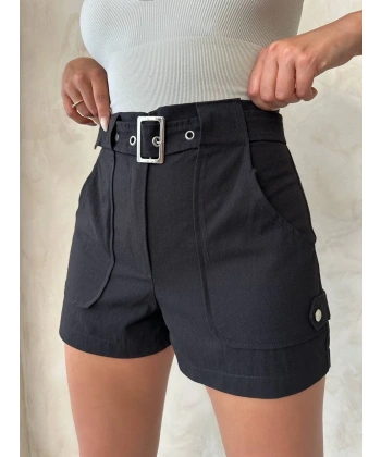 BİÇOMİ Kemer detaylı gabardin şort siyah s25289