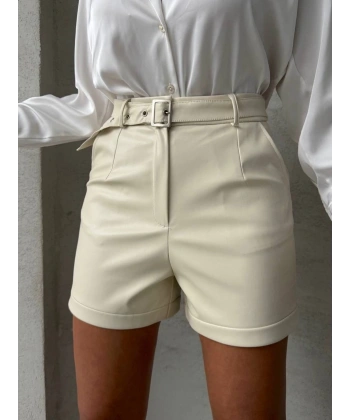 BİÇOMİ Kemerli deri şort krem h241003