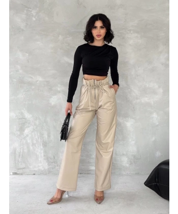 BİÇOMİ Kendinden ince kemerli deri pantolon bej t1178