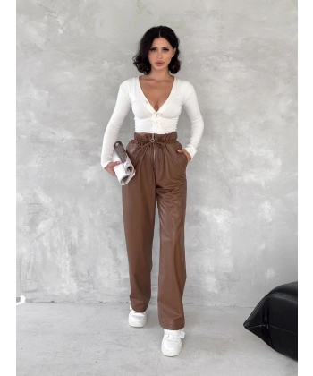 BİÇOMİ Kendinden ince kemerli deri pantolon kahve t1178