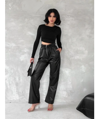 BİÇOMİ Kendinden ince kemerli deri pantolon siyah t1178