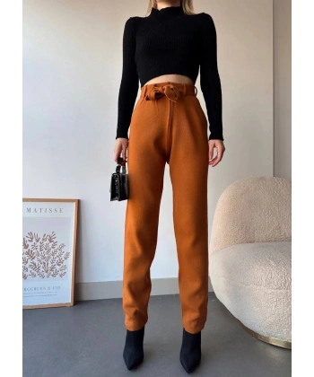 BİÇOMİ Kendinden kemerli triko pantolon camel