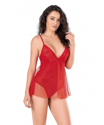 Bicomi Kırmızı Jakarlı Bodysuit Gecelik
