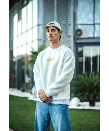 Biçomi Kışlık Bisiklet Yaka Baskılı SweatShirt - Beyaz