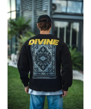 Biçomi Kışlık Bisiklet Yaka Baskılı SweatShirt - Siyah