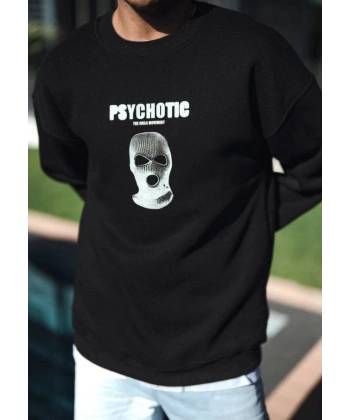 Biçomi Kışlık Bisiklet Yaka Baskılı SweatShirt - Siyah
