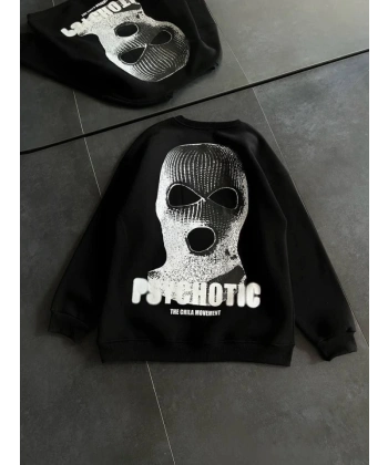Biçomi Kışlık Bisiklet Yaka Baskılı SweatShirt - Siyah