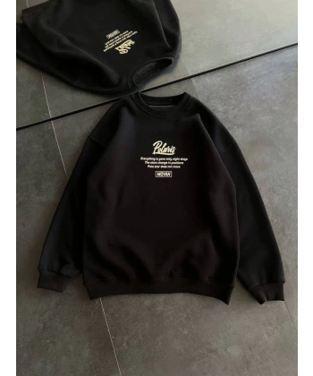 Biçomi Kışlık Bisiklet Yaka Ön Ve Arka Baskılı SweatShirt - Siyah