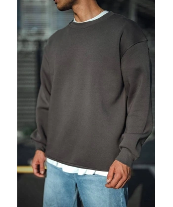 Biçomi Kışlık Bisiklet Yaka Üç İplik Basic SweatShirt - Antrasit