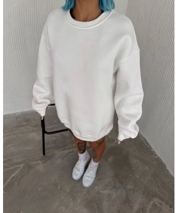 Biçomi Kışlık Bisiklet Yaka Üç İplik Basic SweatShirt - Beyaz